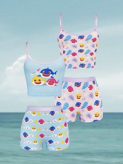 BABY SHARK X SHEIN Ensemble de 2 pièces de sous-vêtements avec débardeur à imprimé requin de dessin animé et short pour les jeunes filles