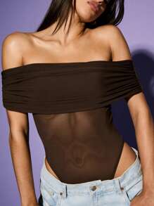 KIZN Body con panel fruncido de malla estilo Bardot - Marrón - Ver 1