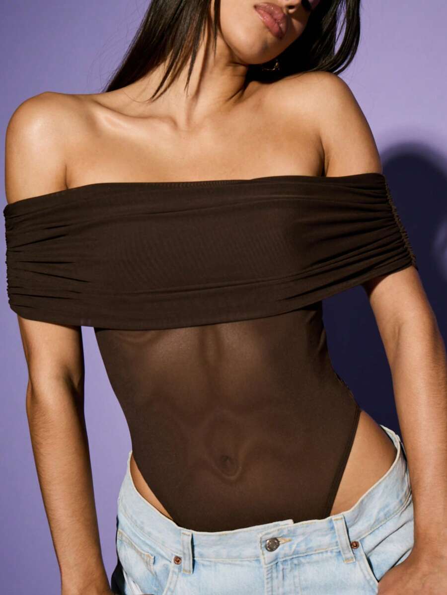 KIZN Body con panel fruncido de malla estilo Bardot - Marrón - Ver 1