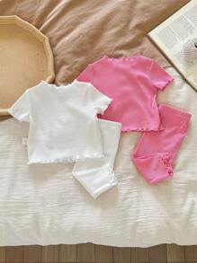 LMoss Kids Bộ đồ ngủ thoải mái thường ngày cho bé gái sơ sinh 4 món trang trí nơ ruy băng tối giản viền sóng cổ tròn tay ngắn và quần dài dệt kim - Hồng - Xem 2