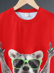 Tween Boy Cute Cartoon Animal Print Pattern Crew Neck Knit T-Shirt - Red - View 5