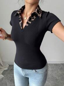 Selianne Rafferiza 女士休闲通勤优雅商务休闲度假舒适成熟优雅约会学院风性感老钱风格 V 领性感豹纹拼接二合一黑色罗纹面料高弹修身春夏短袖 T 恤 - 黑色 - 查看 5