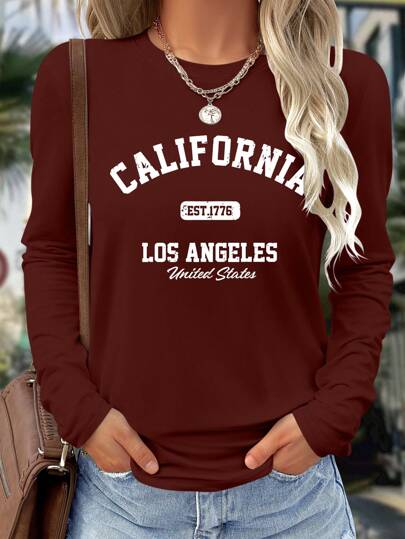 SHEIN LUNE 情人节粉红玫瑰时尚英伦休闲舒适外出修身家居时尚秋冬春季休闲出游长袖打底图案T恤女春季上衣