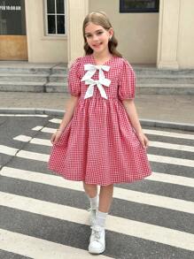 SHEIN 青少年女孩休闲红色格子蝴蝶结装饰泡泡袖宽松A字形梭织连衣裙 - 紅白色 - 查看 3