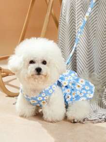 PETSIN 蓝色雏菊碎花蝴蝶结设计春季气息透气宠物项圈和牵引绳套装，适合猫狗户外活动，春夏季 - 彩色 - 查看 5