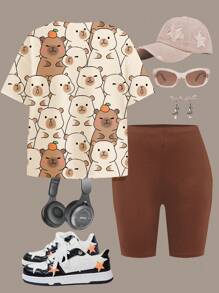 SHEIN Set de 2 piezas con camiseta de manga corta holgada y shorts con estampado tierno de capibara en color Mellard, adecuado para adolescentes y verano