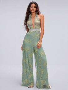 SHEIN Unity 蕾丝花卉刺绣吊带性感露背连体裤 - 綠色 - 查看 3