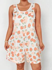 Flirla Combinaison d'été pour femme, décontractée et mignonne avec imprimé fraise, bretelles. Short slim ajusté à la cheville - Orange - Voir 4