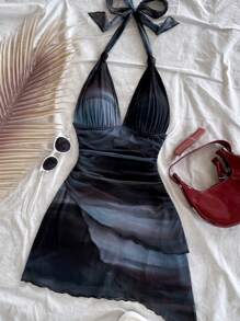 SHEIN Tall CURVE Sexy, vintage Farbverlauf-Halfter-V-Ausschnitt-Schnürkleid mit Mesh-Raffung und asymmetrischem Saum, romantisches Urlaubskleid für Damen im Sommer