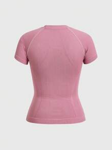 Easithlete 3 piezas Camiseta deportiva de manga corta, cuello redondo, unicolor, ajustada a la piel, sin costuras, adecuada para entrenamiento de verano, parte superior de yoga, camiseta ajustada, camisetas de gimnasio para mujeres - Multicolor - Ver 4