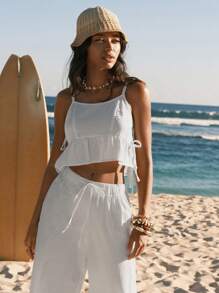 Easelle 2 pezzi/Set Donna Canotta senza schienale annodata e pantaloni lunghi tinta unita, Outfit casual vacanza Ibiza
