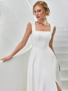 CLARA VERO Vestido largo de mujer de unicolor, tejido, para primavera y verano, vacaciones y días festivos, vestido camisa con tirantes, escote en V bajo, falda con abertura lateral y volumen