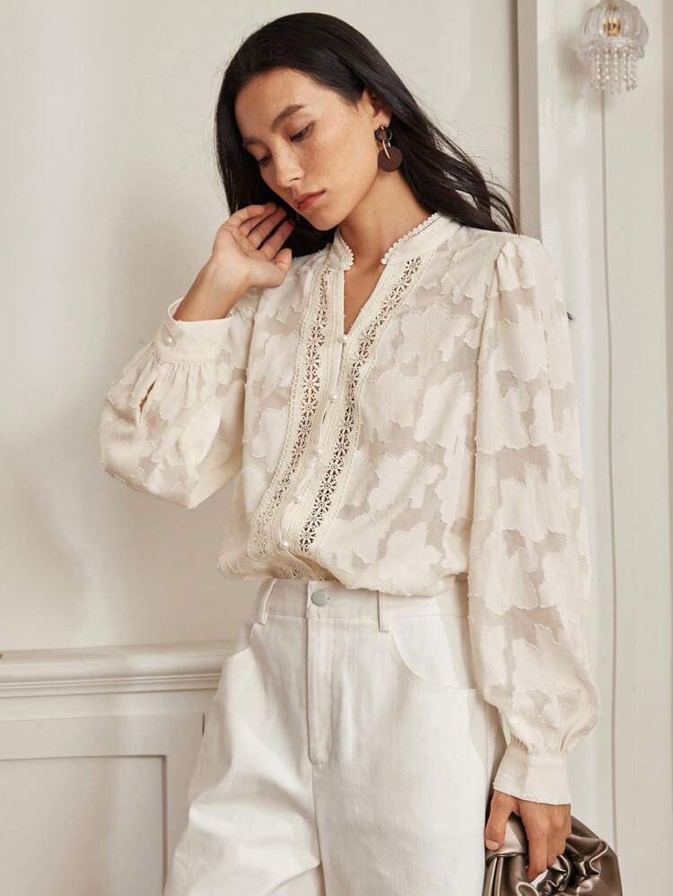 Elegant Lace Patchwork Pearl Button Texture Long Sleeve Business Casual Women Shirt For Summer Commuting,Fall Women Clothes