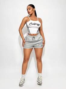 Zolique Women's Drawstring Waist Letter Printed Shorts - Grey - View 3