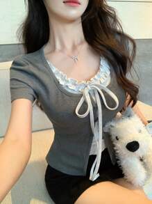 DAZY Women's Summer 2 In 1 Ruffled Bowknot Short Sleeve T-Shirt