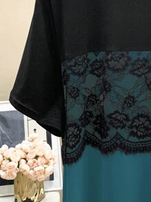 Lacomfia Plus Size Colorblock Lace Patchwork Round Neck Short Sleeve T-Shirt, Suitable For Summer Casual Tops For Women - Blue - View 3