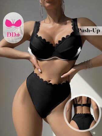 Swim DD+ 2 件宽肩带可调节纯色不对称装饰加垫罩杯坦基尼泳衣套装女式