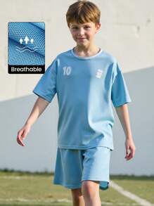 JNSQ Back To School Clothes, Tween Girl And Boy Outdoor Sports Short Sleeve Shorts Uniform Set, Children's Contrast Color Crew Neck Outdoor Sports Short Sleeve Uniform Set - Blue - View 1