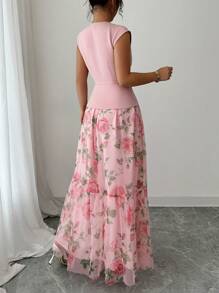SHEIN Clasi Women's Elegant Pink Floral Summer Tea Party Vintage V-Neck Sleeveless Long Dress,Mesh Panel A-Line Hem Button Front Closure,Business Casual Vacation - Pink - View 2