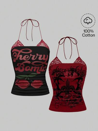 Set da 2 pezzi: Top a tubino con collo alla halter, uno con stampa vintage di ciliegie e l'altro con stampa punk di rampicanti, in contrasto con pizzo