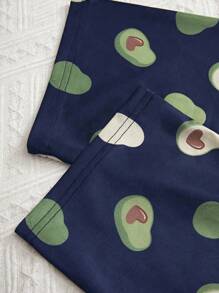3pcs Set Teen Girl Cute Avocado Print Pajama Set Including Long Pants, Shorts And Short Sleeve Top - Navy Blue - View 4
