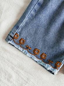 Vintaside Kids Bộ đồ liền thân kẻ sọc xanh trắng mùa hè cho bé gái và quần short denim, họa tiết thêu hoa tươi, kiểu dáng rộng rãi, phù hợp đi biển, thường ngày, công viên - Màu xanh lam - Xem 6