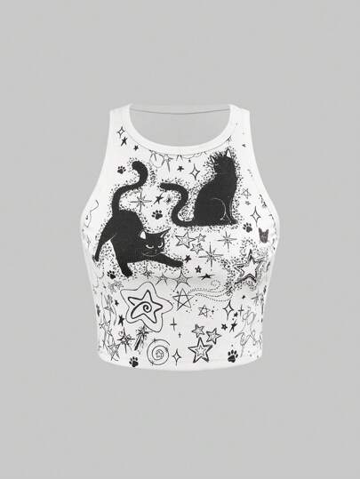 Kawaii Camiseta corta ajustada con estampado de gato y estrella, estilo Y2K subcultura, para mujeres