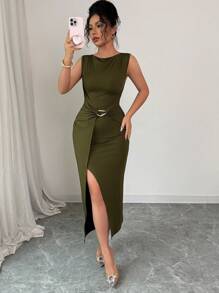 Elenzga Robe longue élégante et près du corps pour femmes, design simple et chic, convient pour l'été