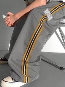 SHEIN Tween 男童休闲百搭舒适彩色织带字母标签直筒宽松梭织纯色裤子，适合通勤、上学、日常休闲、旅行、运动、春夏秋冬 - 灰色 - 查看 4