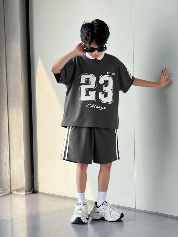SHEIN Tween Boy Loose Fit Sports Shorts Set, Short Sleeve & Shorts Teen Boy Two Piece Set Boys Korean Fashion 2 Piece Set Boys Boys Basketball Shorts Boys Summer Outfit