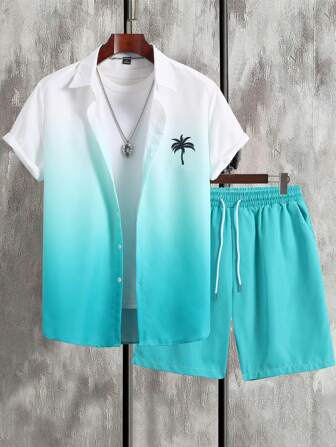 Manfinity Chillmode 2pcs Men Short Sleeve Shirt And Shorts Set, Fashionable For Summer Men Beach Clothes Set Beach Outfit For Men, Vacation