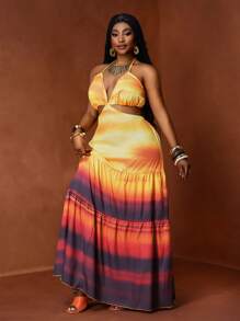 Slaydiva Women's Purple Summer Boho Vacation Holiday Sunset Gradient Print Spaghetti Strap Backless Layered Ruffle Hem Plus Size Maxi Dress,Beach Party - Multicolor - View 4