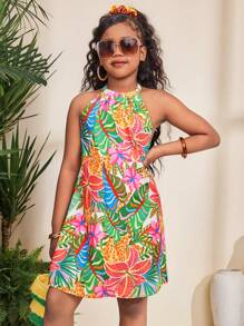 SHEIN Tween-Mädchen Sommerkleid mit Neckholder und Schmetterlingsdekor mit tropischem Blattdruck