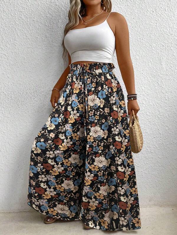 EMERY ROSE Plus Size Women Waist Tie Floral Print Wide Leg Pants For Vacation
