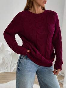 EURMUSE Pulover cu guler rotund și model tricotat cu cabluri în culori solide pentru femei