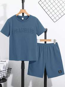 SHEIN 2pcs Tween Boys Neutral-Design Letter Embossed Pattern Round Neck Short Sleeve T-Shirt And Decorated Shorts Set, Casual For School, Travel, Sports, Gatherings, Spring/Summer