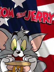 TOM & JERRY X SHEIN Young Girl Summer Casual Cartoon & American Flag Print Round Neck Short Sleeve T-Shirt For 4th Of July