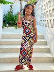 青少年女孩热带休闲时尚度假紧身钩针印花连衣裙母子装（2 件单独出售） - 彩色 - 查看 5