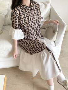 SHEIN Teen Girls Casual Solid Color Woven Flat Plain Contrast Patchwork Ruffle Trim Cute Flare Sleeve Fitted Midi Dress, Suitable For Daily Wear, Casual School, Back-To-School, Valentine's Day, Summer Outfit - Multicolor - View 2