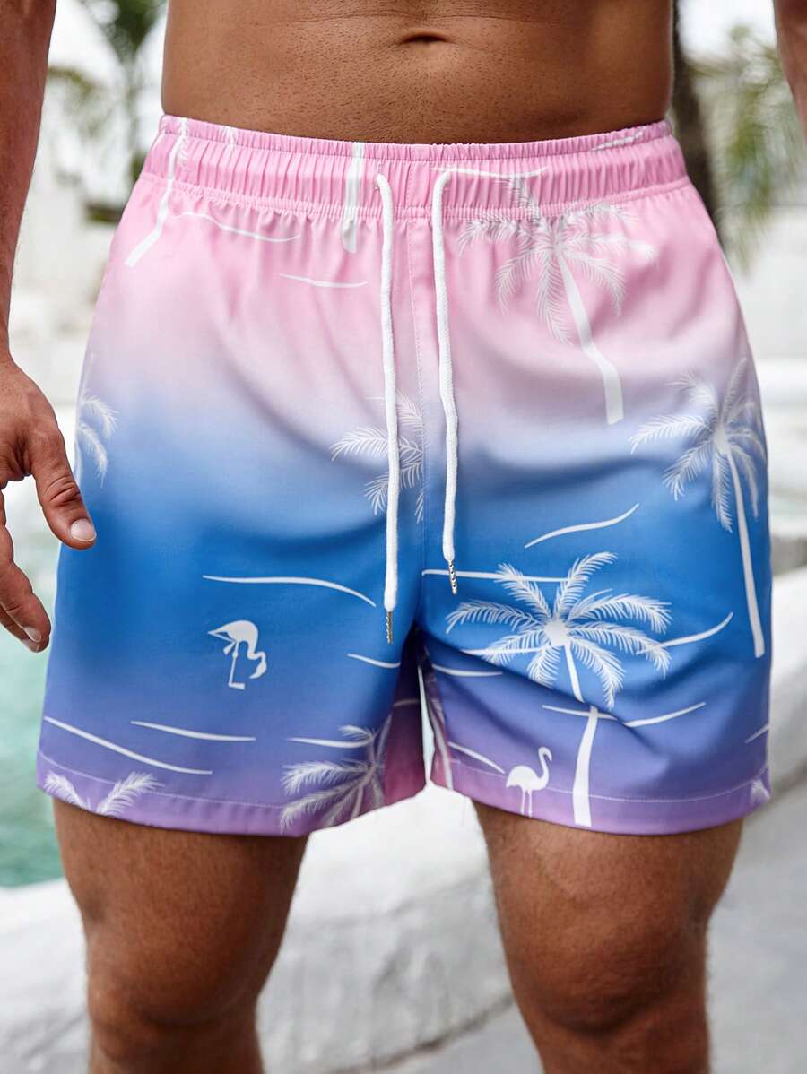 Surfspeed Men's Vacation Casual Gradient Coconut Tree Printed Beach Shorts, Hawaiian, Men Palm Tree Swim Shorts, Men Swim Trunks Pink, Miami Shorts, Beach Shorts, Custom Swim Trunks - Multicolor - View 1