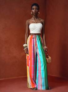 Zivah 2025 Spring And Summer New Vacation & Holiday Leisure & Music Festival Loose Workwear Large Pockets Colorful Stripe Retro Printing Women's High Waist Wide Leg Pants-B,Bohemian Clothes - Multicolor - View 6