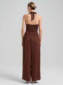 Ontre Vintage Style, Business Commute, Elegant Style, Faille Fabric, Brown Color, Halter Design, Twisted Front, Tie-Up Design, Women's Jumpsuit, Sleeveless, Spring/Summer Clothing, Everyday Wear, New Collection 2025 - Brown - View 2