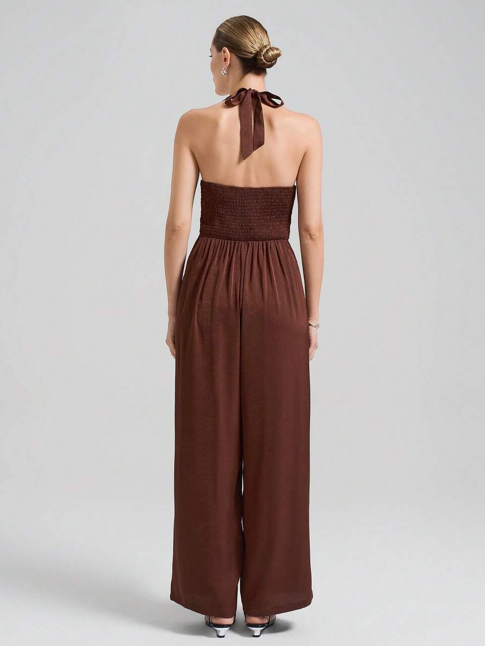 Women's Jumpsuit,Coffee Brown,Summer,Elegant,Party Night,Halter Twisted Front Tie-Up Sleeveless Faille Fabric Vintage Business Commute Everyday Wear