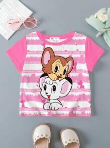 Kimba The White Lion X SHEIN Young Girl Cartoon Pattern Round Neck Short Sleeve T-Shirt For Summer