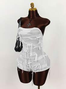 Amplova 银色骷髅印花无袖连体裤，紧身 - 白色 - 查看 5