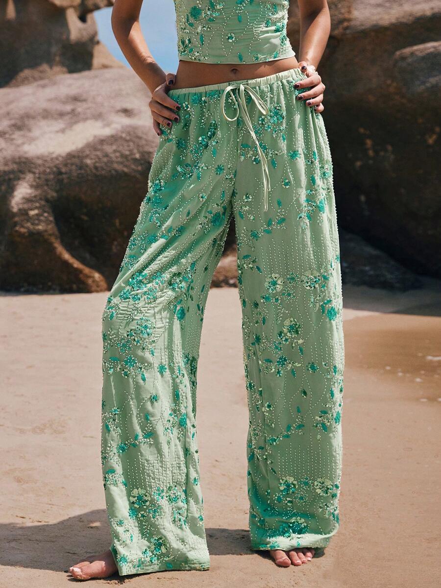 Poéselle Sequin Embroidered Wide Leg Pants – High Waist Drawstring Boho Beach Trousers For Summer,Wide Leg Pants, Beach Pants, Embroidered Trousers, Boho Pants, Summer Pants Women, Flowy Pants, Y2k Fashion, Vacation Outfits Women Sage Green Dress - Green - View 1
