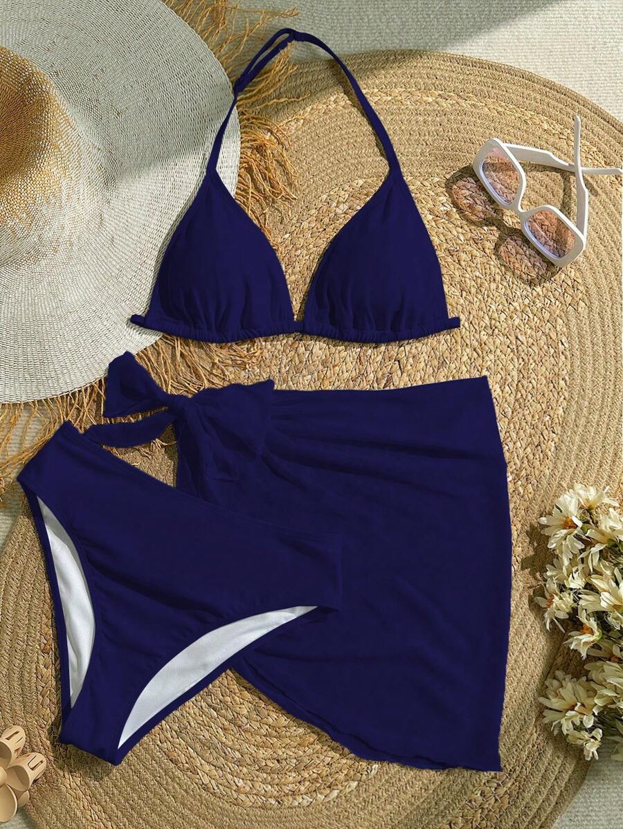 SHEIN Teen Girls 3 PiecesVacation Beach Pure White Bikini Swimsuit Set,Kids - Navy Blue - View 1
