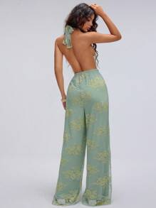 SHEIN Unity 蕾丝花卉刺绣吊带性感露背连体裤 - 綠色 - 查看 2