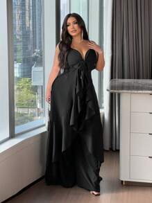 NU&NOW 加大码梭织性感度假两件套：带肩带的连体裤 - 黑色 - 查看 5