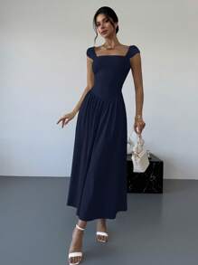 Firerie Váy Maxi Chữ A Cổ Vuông Thắt Nơ Thanh Lịch, Dáng Vuông, Trang Phục Thường Ngày/Hẹn Hò, Mùa Xuân/Hè, Màu Mơ - Màu xanh hải quân - Xem 6